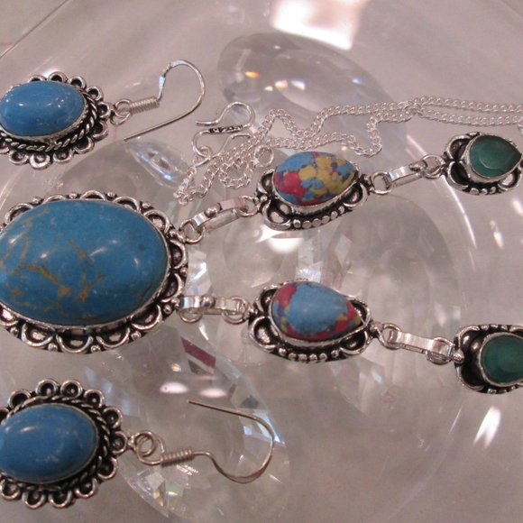 NATURAL TURQUOISE GEMSTONE LADIES UNIQUE NECKLACE EARRING SET - Picture 7 of 9